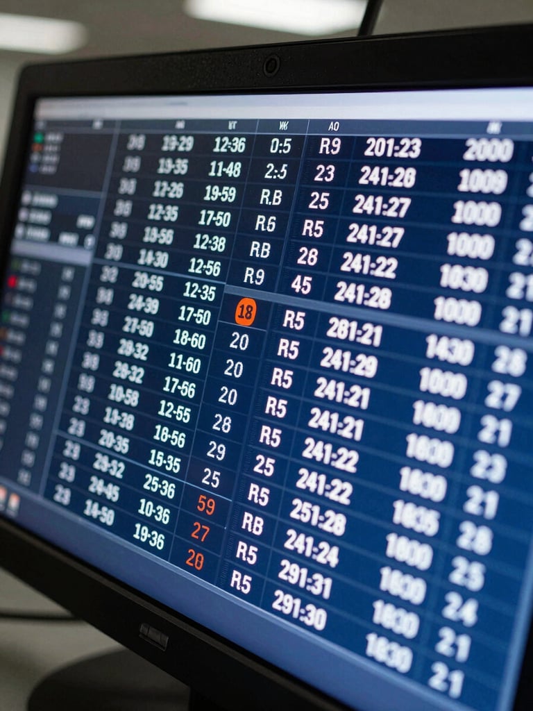 Extreme close-up of a tanker fleet tracking dashboard screen, glowing data rows showing vehicle IDs, route status, and compliance flags in cool blue-white light, dark monitor bezel visible at edge, no human faces, overhead ambient lighting
