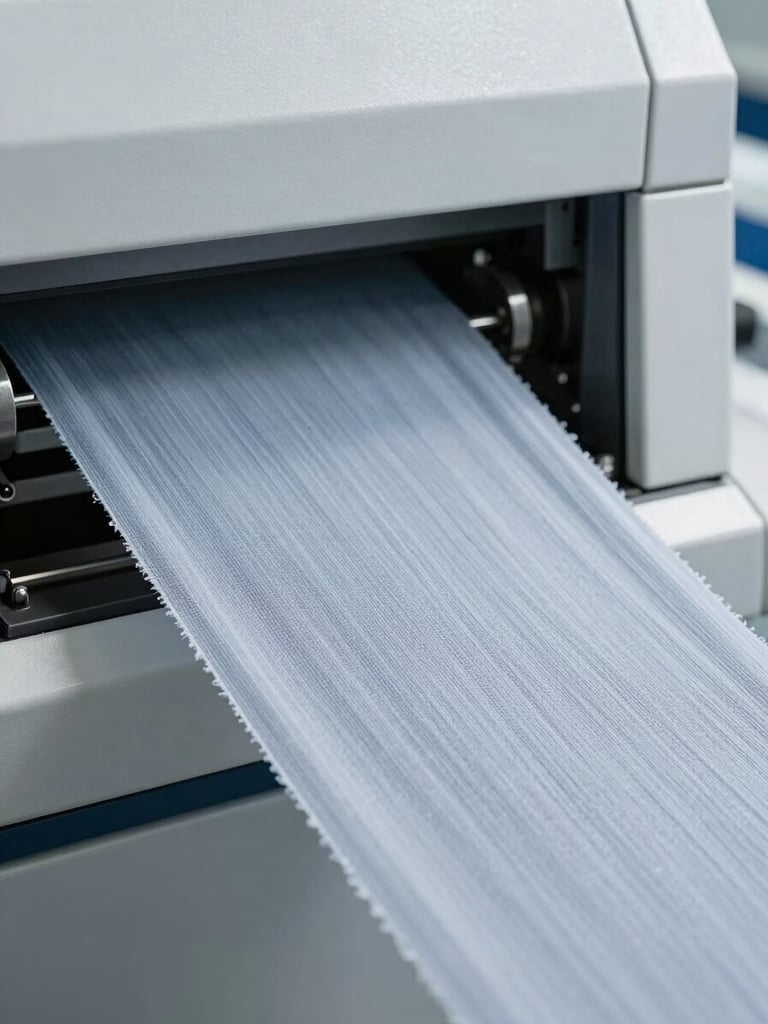 A technical testing machine in a clean, brightly lit textile laboratory, testing fabric tensile strength, cool blue and gray tones, sharp focus.