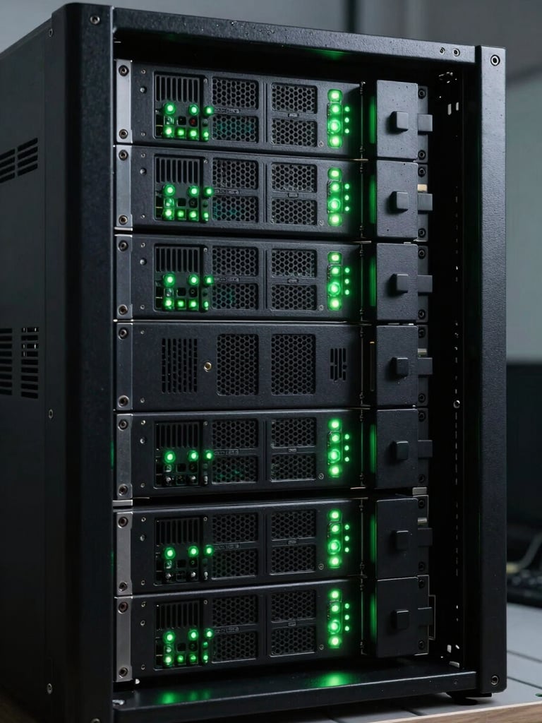 Macro shot of physical server hardware in a dark room, glowing green status lights, clean server rack environment, high-contrast.