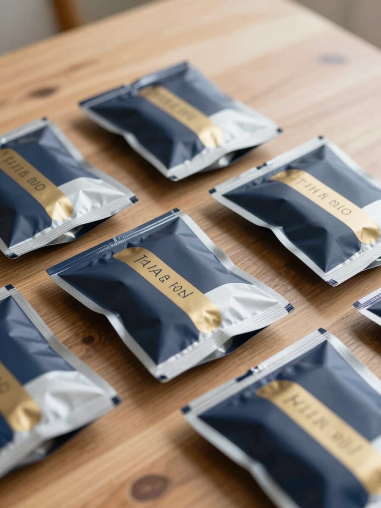 Close-up of high-quality packaged goods on a wooden prep table, soft Tampa morning light, sharp focus, 35mm lens.