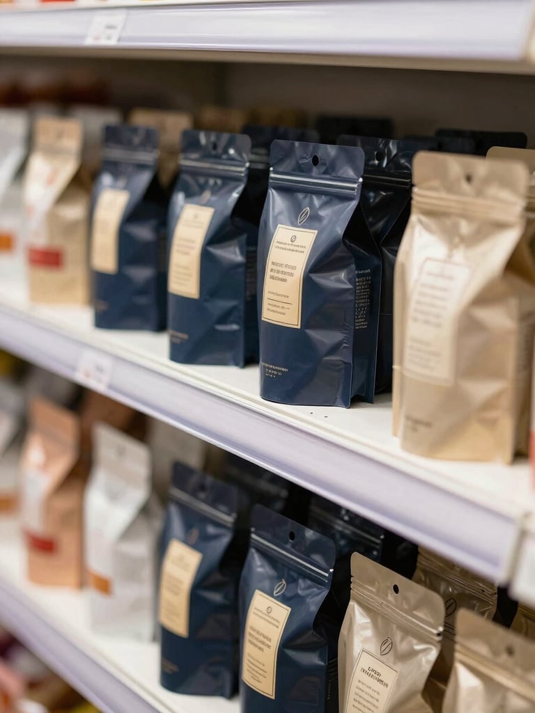Close-up of high-quality packaged consumer goods neatly arranged on a modern retail shelf, bright natural daylight, soft shadows