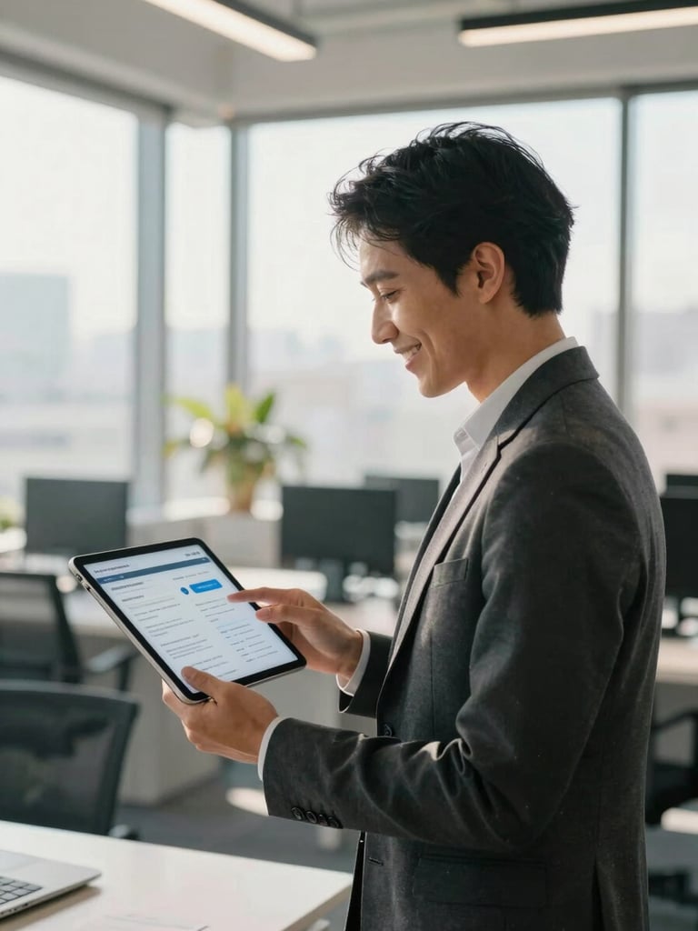 Modern, sunlit office environment in Santiago, an HR manager smiling while looking at a clean digital interface on a tablet, soft natural daylight, professional atmosphere
