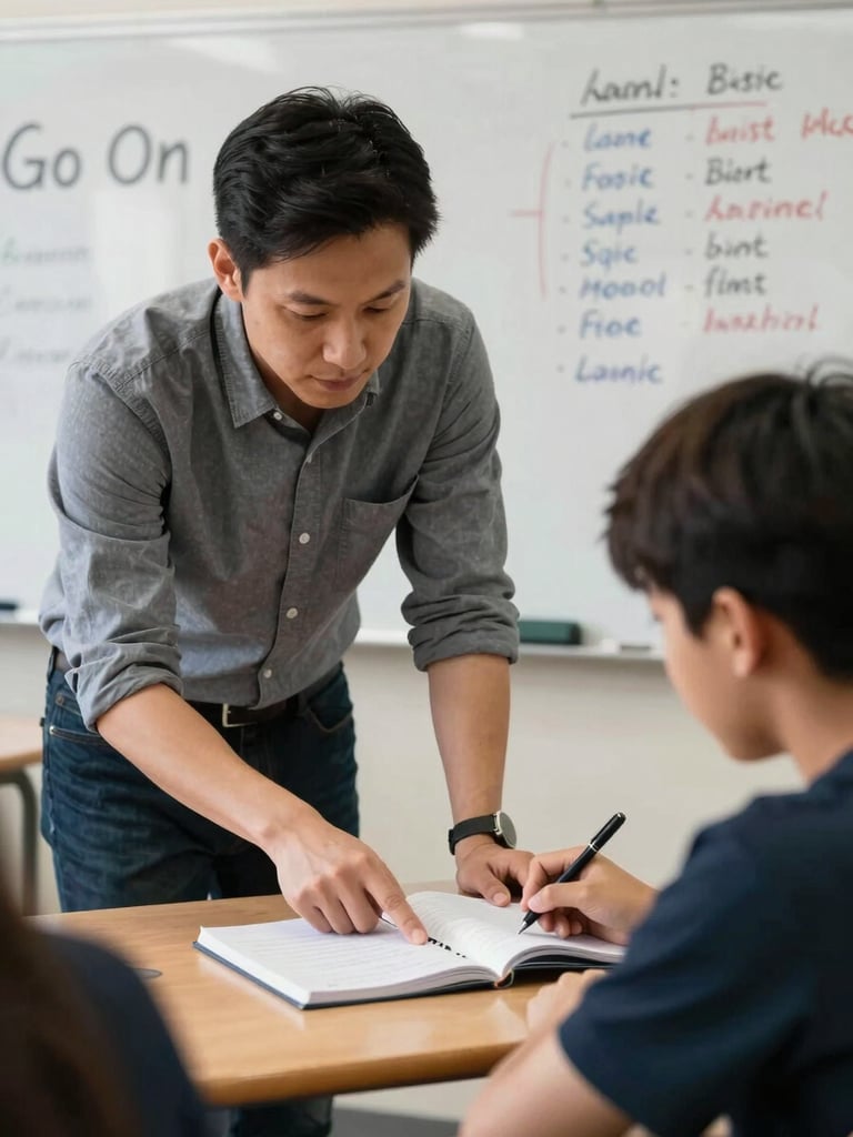Medium shot of a Go On instructor leaning toward a student at a classroom desk, pointing to an open notebook, warm institutional ambient light, both focused on the page, a whiteboard with English vocabulary in the background