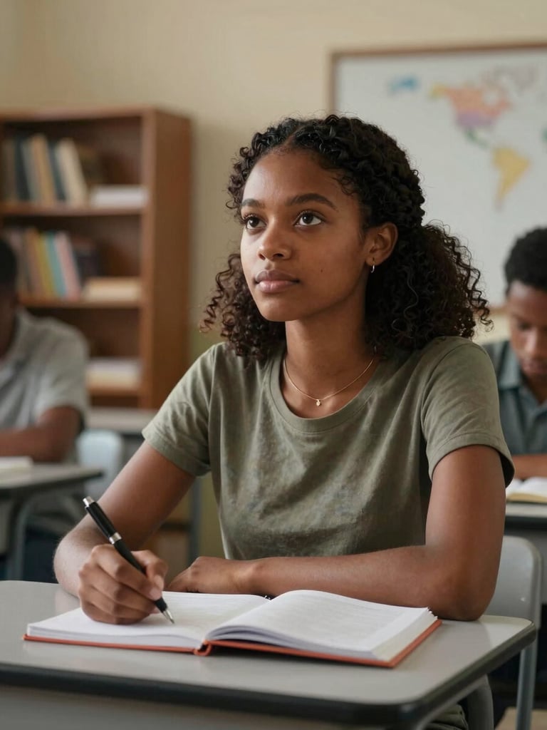 Medium shot of a young Haitian woman at a classroom desk, notebook open, pen in hand, looking up with quiet confidence, warm ambient classroom light, bookshelves visible in the background