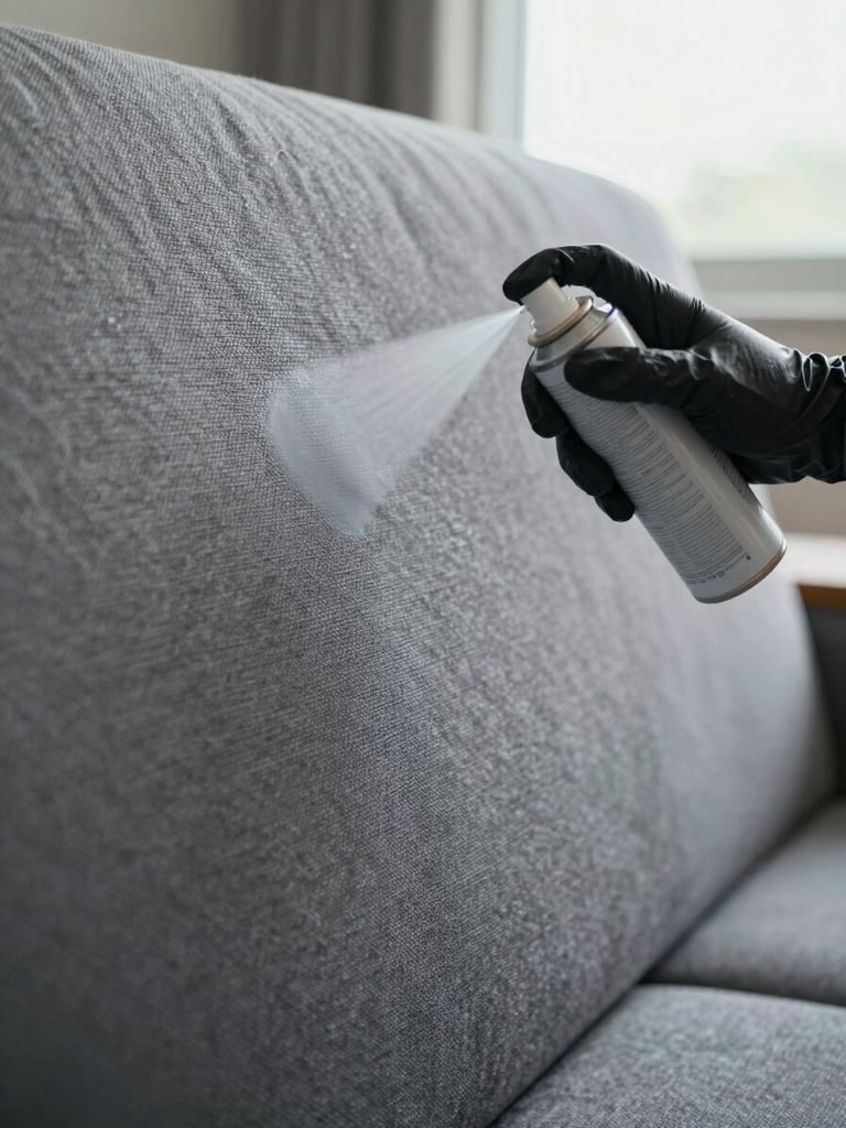 Close-up documentary — gloved hands applying a nano coating spray to a grey fabric sofa panel in a Pune home, bright natural overcast daylight, fabric weave detail visible, no glamour lighting