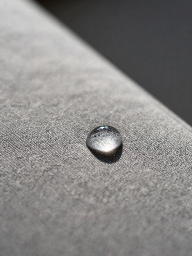 Extreme close-up of a single water bead sitting perfectly round on treated grey sofa fabric, bright natural daylight from the left, the bead casting a tiny shadow, fabric texture sharp and visible beneath, no background distraction