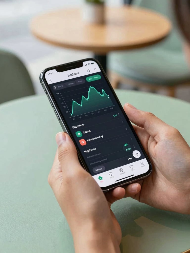 Close-up of clean editorial photography of hands holding a modern smartphone in a bright cafe, soft green and slate accents, showing a beautiful financial dashboard
