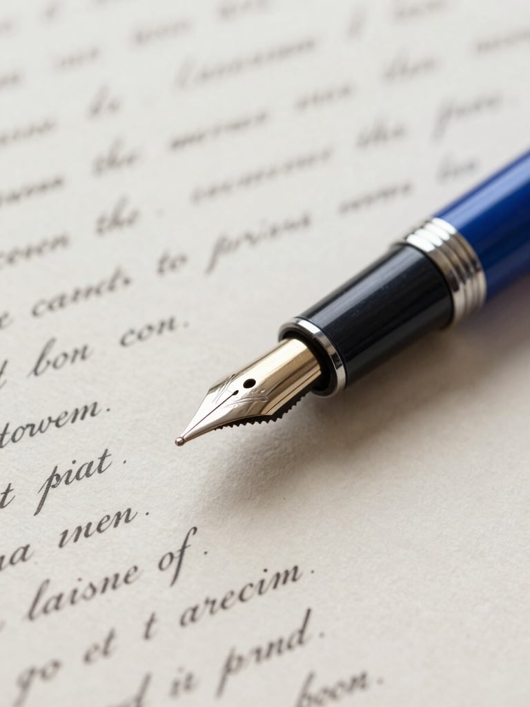 Close-up of a fountain pen resting on heavy textured archival paper with elegant legal script, neutral daylight, sharp focus on the nib, deep blue ink accents.