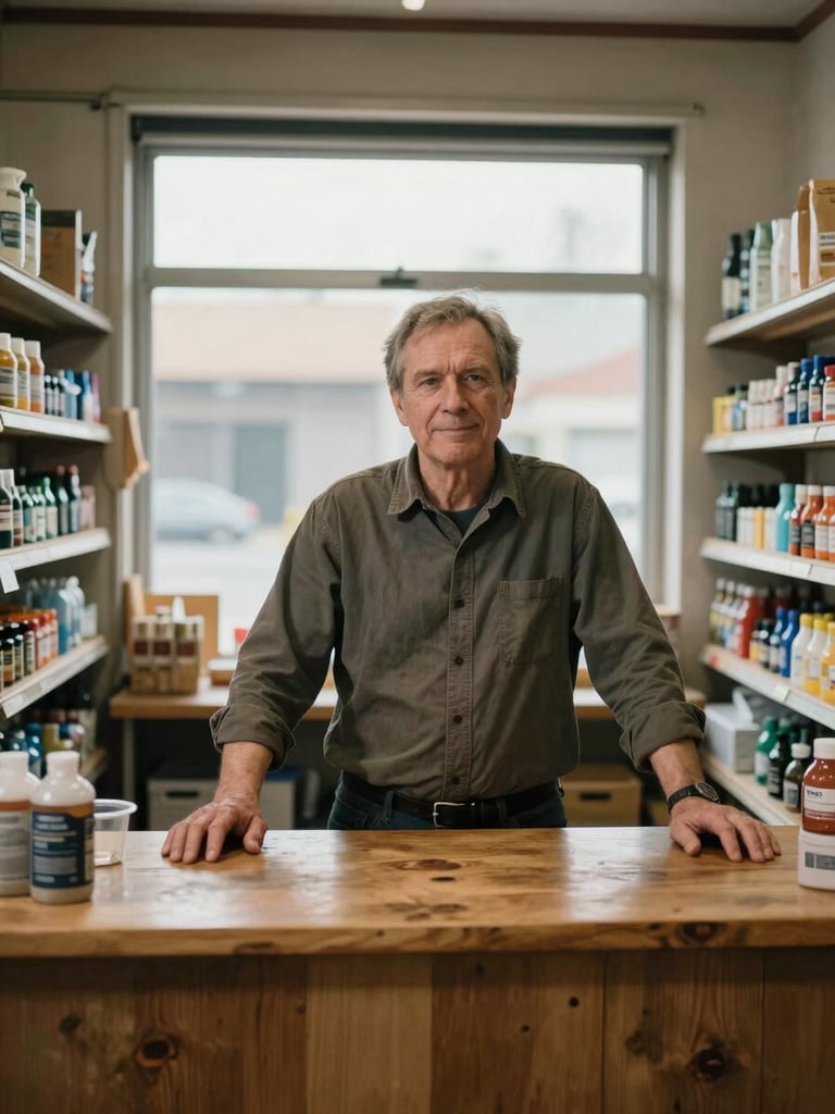 Medium shot inside a small independent hardware store, owner in his fifties standing behind a wooden counter with both hands resting on the surface, shelves of organized supplies behind him, overcast natural light from a front window, warm and unhurried atmosphere