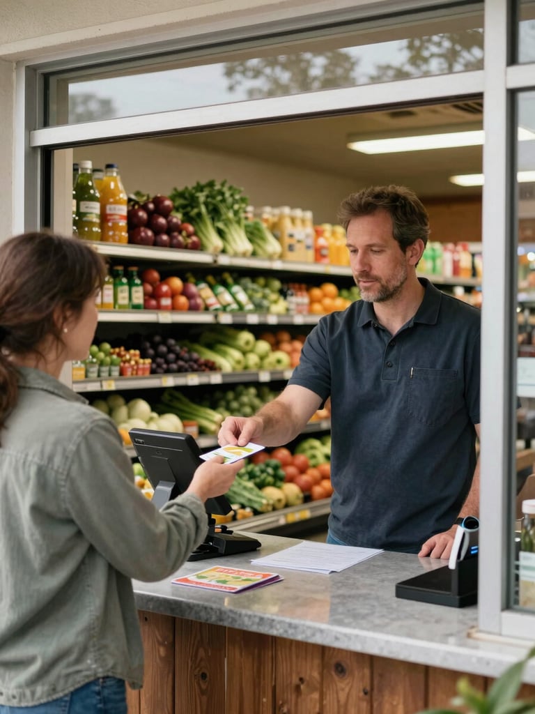 Environmental wide shot inside a family-owned grocery, owner at the register handing change to a regular customer, overcast daylight from the entrance, shelves of local produce visible, community commerce in action