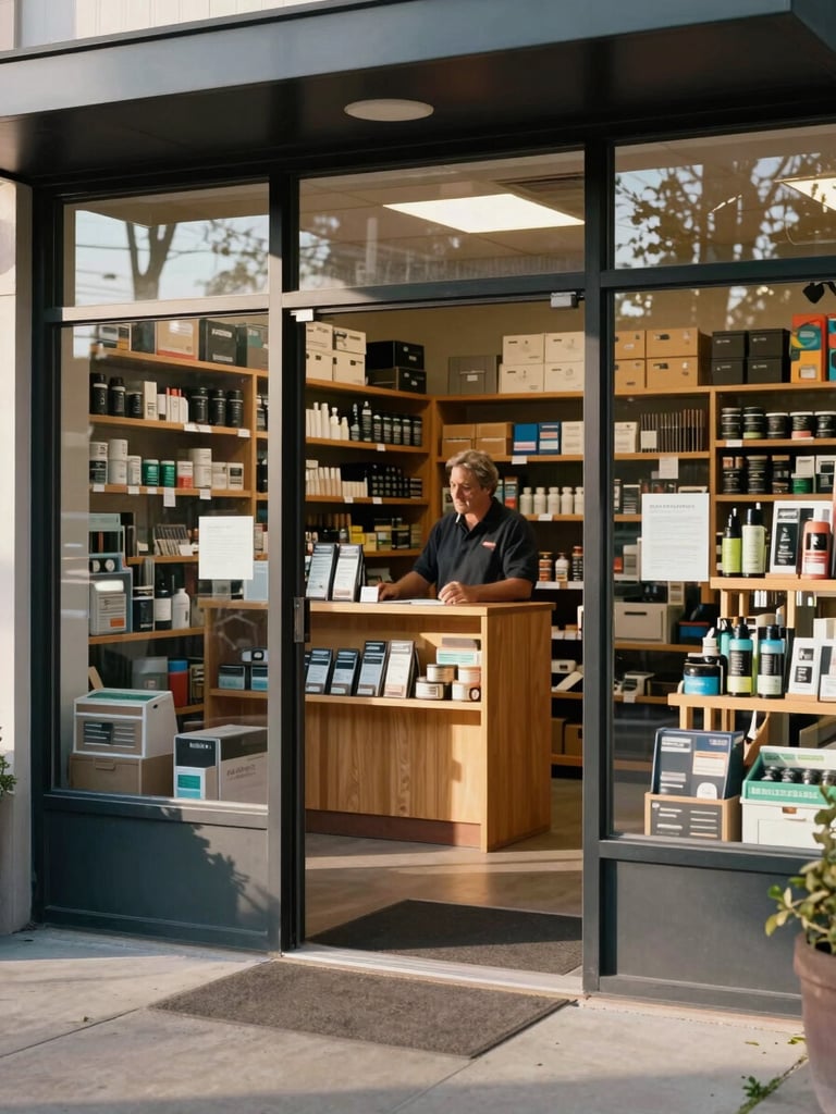 Wide environmental shot looking into a neighborhood hardware store from the sidewalk entrance, morning light streaming through the glass door, owner standing behind the counter looking toward the entrance, wood shelving and local product displays visible in the background