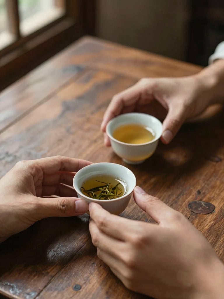 Intimate close-up of two pairs of hands around small ceramic cups of Vietnamese tea on a worn wooden table, warm window light from the left casting soft shadows, a few tea leaves settled at the bottom of one cup visible, no faces, quiet domestic atmosphere