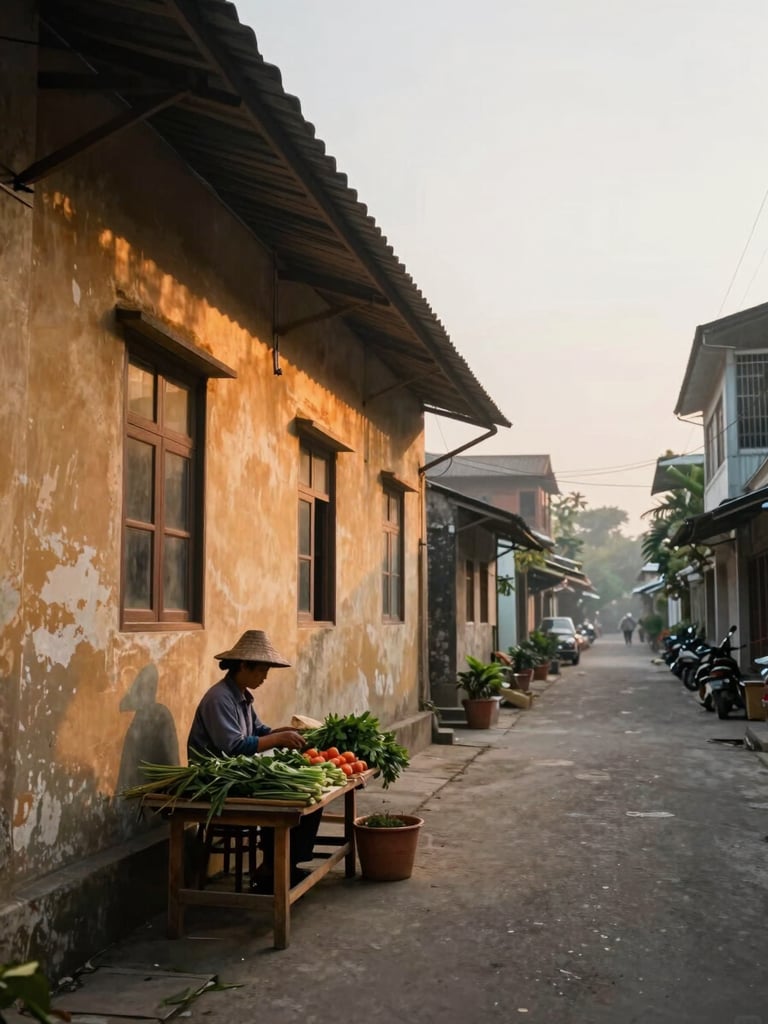 Wide environmental shot, left-aligned framing: a narrow alley at dawn in a Southeast Asian town, warm window light spilling across weathered ochre walls, a vendor arranging herbs on a low wooden table in the left foreground, the street receding into soft morning haze behind, no people looking at camera, natural light only