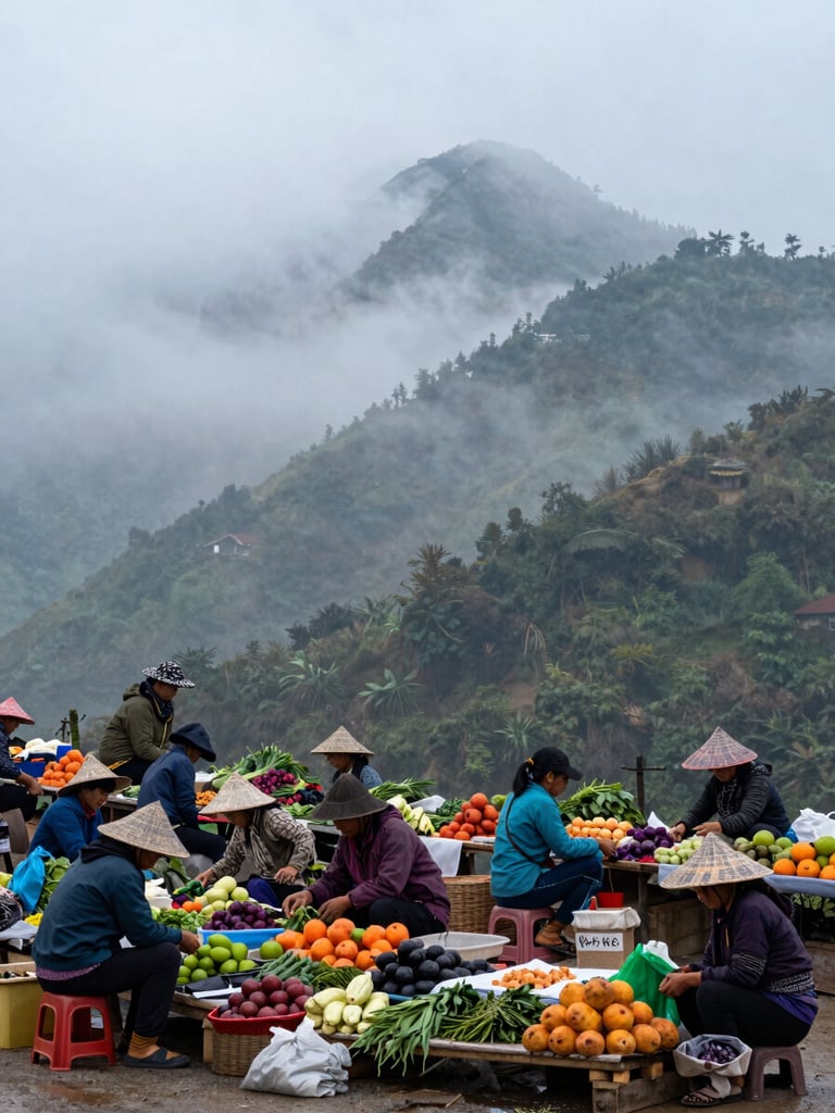 Wide environmental shot of a misty mountain market in northern Vietnam at early morning, vendors arranging colourful produce on low tables under soft overcast light, empty space in the upper half of the frame filled with cool grey mist rolling over forested ridges, no faces turned toward the camera