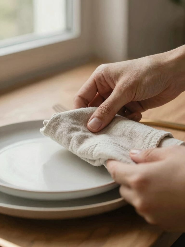 Intimate close-up of hands arranging a linen napkin next to a ceramic plate, soft morning window light, shallow depth of field