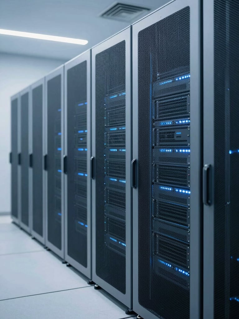 Clean minimalist server room environment with cool blue ambient light, sleek server racks, sharp architectural lines, 35mm photography