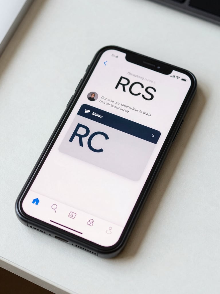 Tight overhead shot of a mobile phone screen displaying an RCS message with a branded card and delivery timestamp, placed on a clean white desk surface under bright even daylight, UI text and icons sharp and fully legible