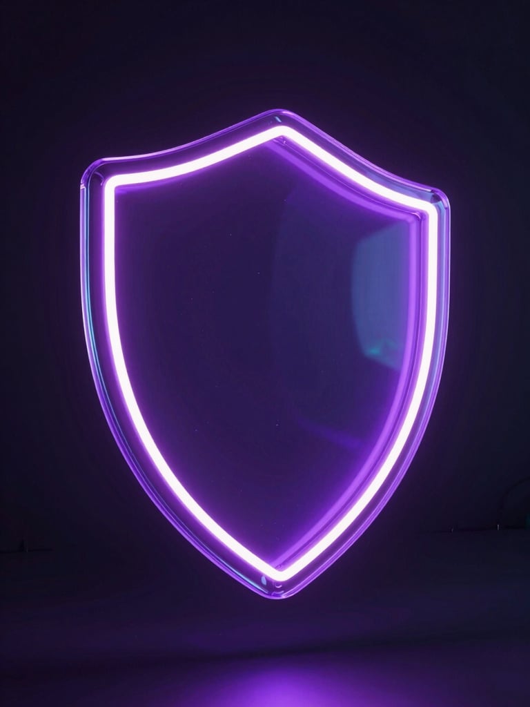 Abstract 3D render of a glowing neon shield made of translucent purple glass, floating in a dark room with cyan light reflections, octane render, 8k