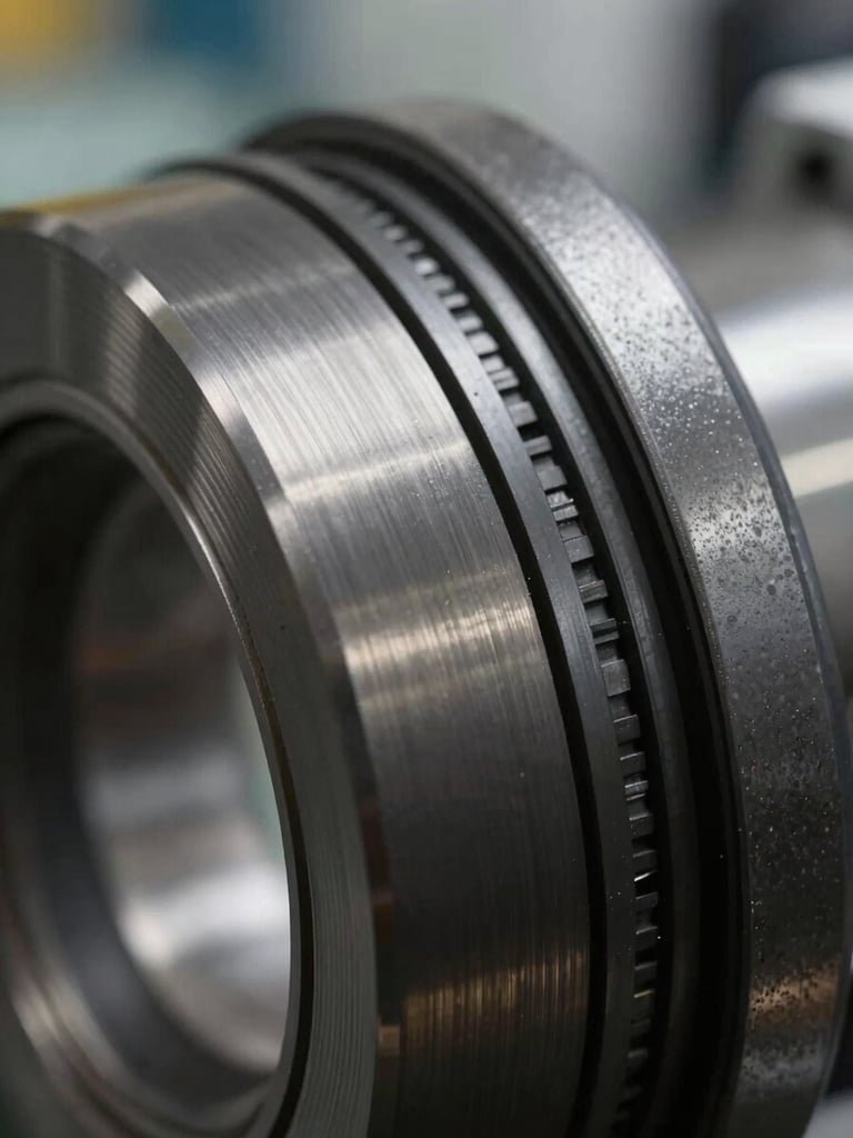 Extreme close-up macro of a mechanical seal face, bright studio lighting raking across the lapped carbon graphite surface revealing concentric micro-grooves and surface finish texture, industrial bench context visible in background blur
