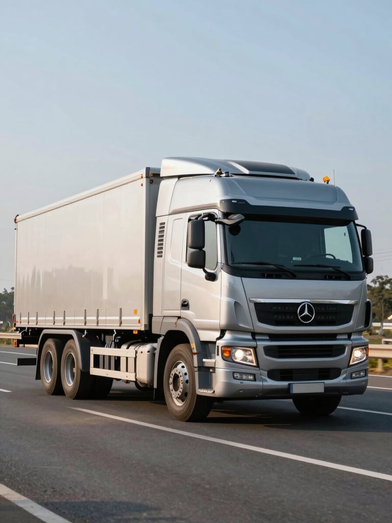 A pristine modern heavy-duty cargo truck on a clean highway under crisp daylight, cool steel tones with gold highlights, sharp focus, industrial corporate photography