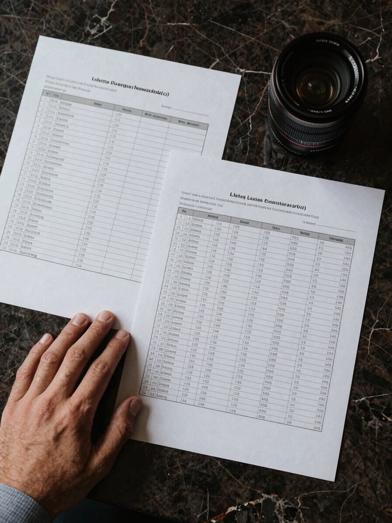 Overhead flat-lay of financial documents and a spreadsheet printout on a dark marble desk, a hand resting on the edge holding a pen, cool studio light from above, precise and institutional