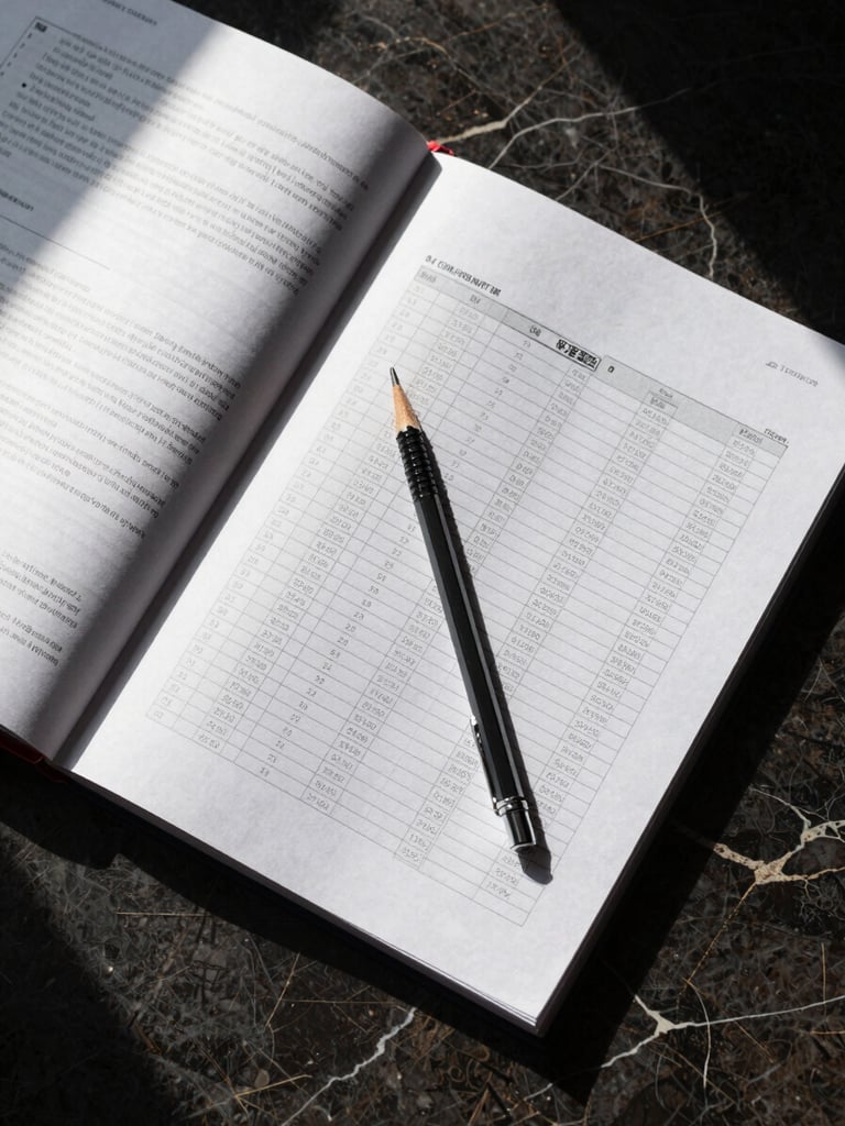 Overhead flat-lay on a dark marble surface: an open portfolio of property documents, a precise mechanical pencil resting diagonally across a data-dense spreadsheet, cool studio daylight entering from the upper left, deep shadows framing the edges, tight crop emphasizing structure and line