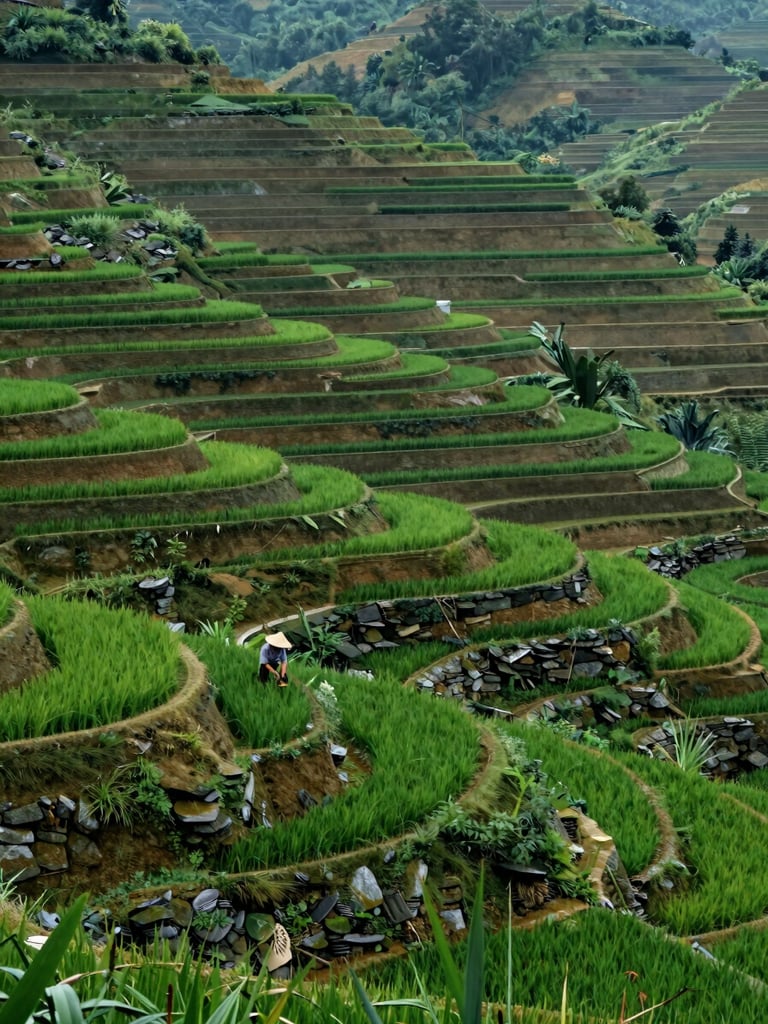Wide environmental shot of terraced rice paddies on a steep hillside in northern Vietnam, a single farmer in a conical hat tending the lower terrace, deep green tones, overcast diffused morning light, built stone retaining walls visible in foreground detail