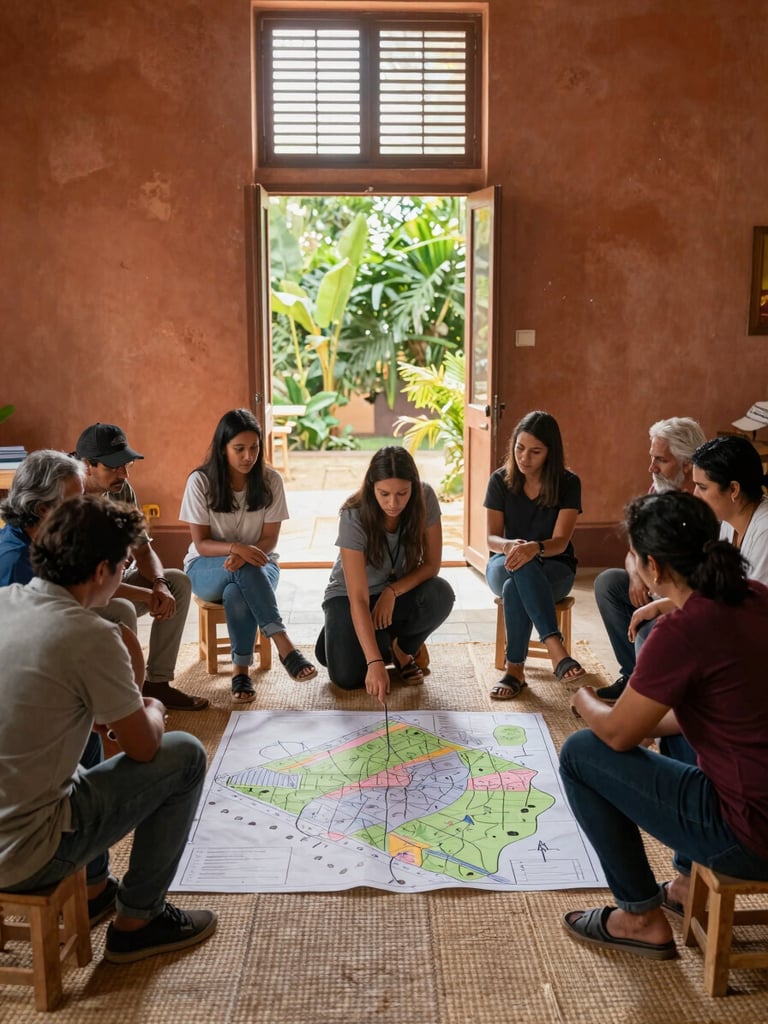 Wide environmental shot inside a community meeting space: a circle of residents seated on low wooden stools around a hand-drawn map spread on the floor, one woman pointing to a section of the map, others leaning in attentively. Natural daylight from a high louvered window cuts across the scene, illuminating dust motes. Terracotta walls, woven mats, deep green foliage visible through an open doorway. No travelers in frame.