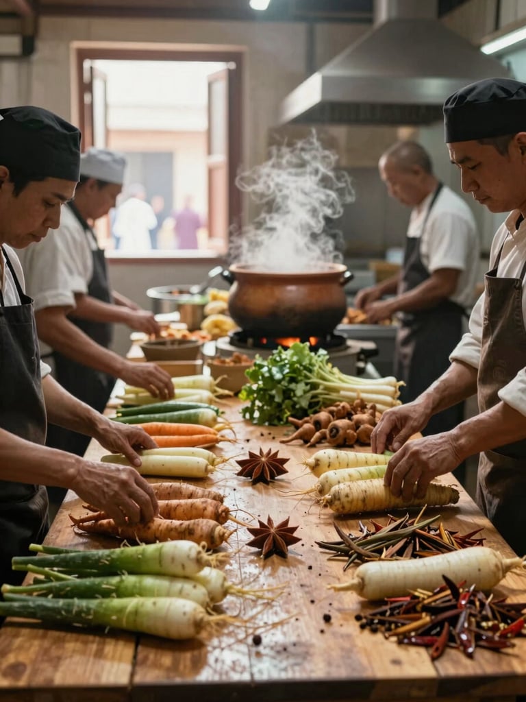 Wide environmental shot inside a busy community market kitchen, resident cooks arranging root vegetables and dried spices on a long wooden table, warm natural light from open shuttered windows, steam rising from a large clay pot in the background, hands in motion mid-task