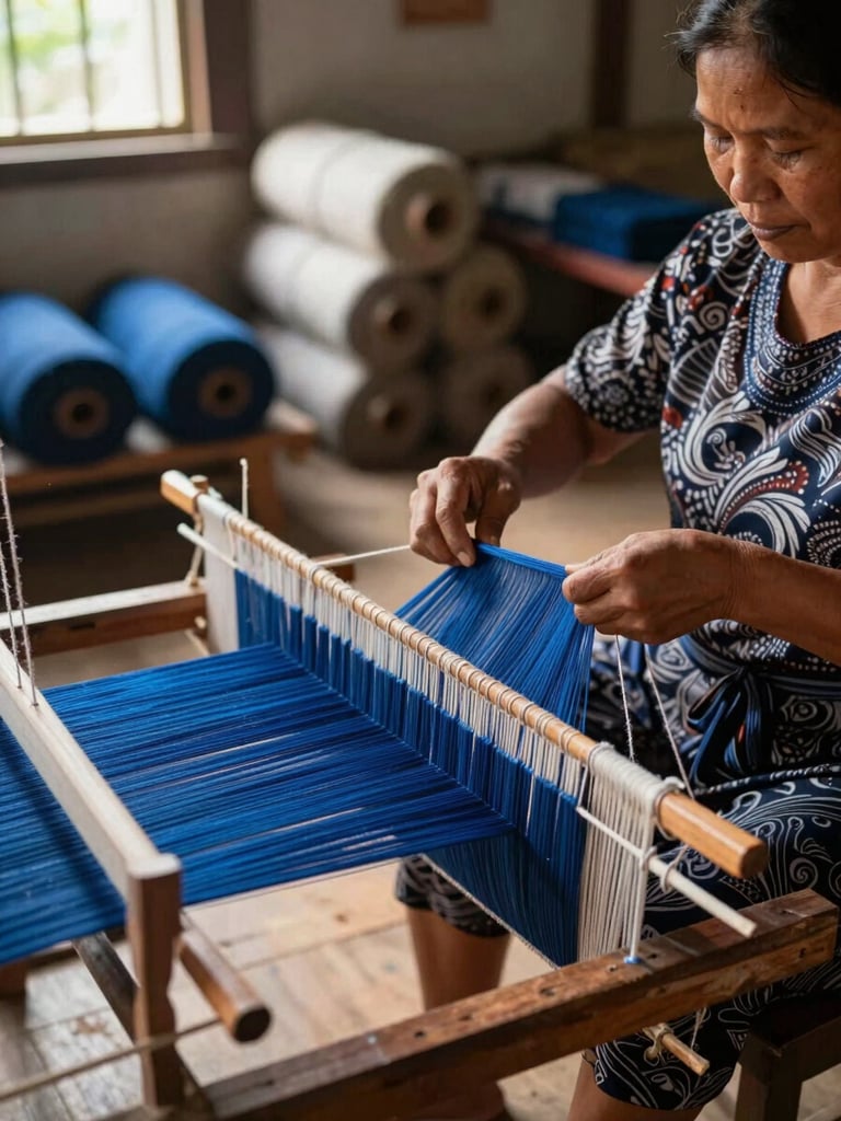 Close environmental shot inside a community weaving workshop in Southeast Asia, a woman's hands threading vivid indigo yarn through a hand-loom in the foreground, warm diffused daylight from a side window, worn wooden floor and stacked bolts of fabric visible in soft focus behind her