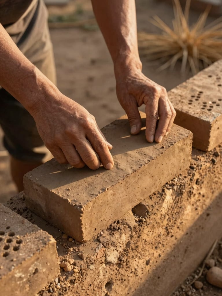 Close environmental frame, slightly elevated angle: a pair of hands arranging handmade clay bricks on a low wall under warm morning light, rough earth and dry grass visible in the background, golden daylight raking across the surface texture