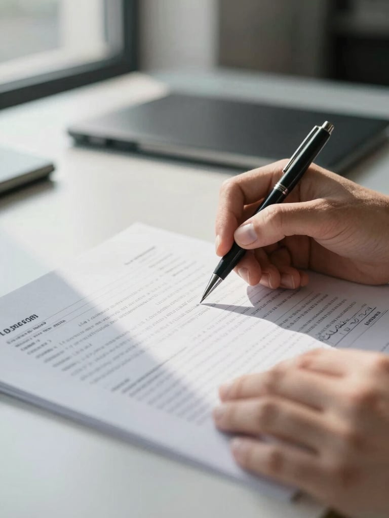 Close-up of hands reviewing a printed financial report on a desk, a pen held in one hand mid-review, natural window light from the left casting a gentle shadow across the document, cool daylight tone, quiet office background slightly out of focus