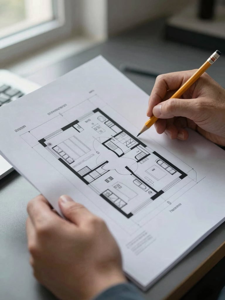 Close-up of hands holding and reviewing a printed property floor plan on a desk, a pencil marking a note in the margin, cool natural window light from the upper left, shallow depth of field with the document sharp and the background softly blurred