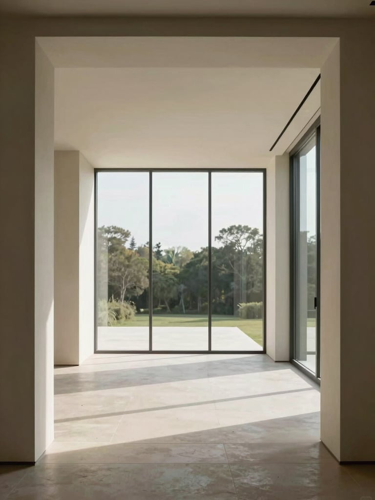 Wide architectural interior framed from the entry threshold looking through a residence corridor toward full-height glazing, soft north-facing daylight washing across pale stone flooring, clean ceiling plane with a recessed shadow line, no furnishings, no people — proportion and calm as the subject