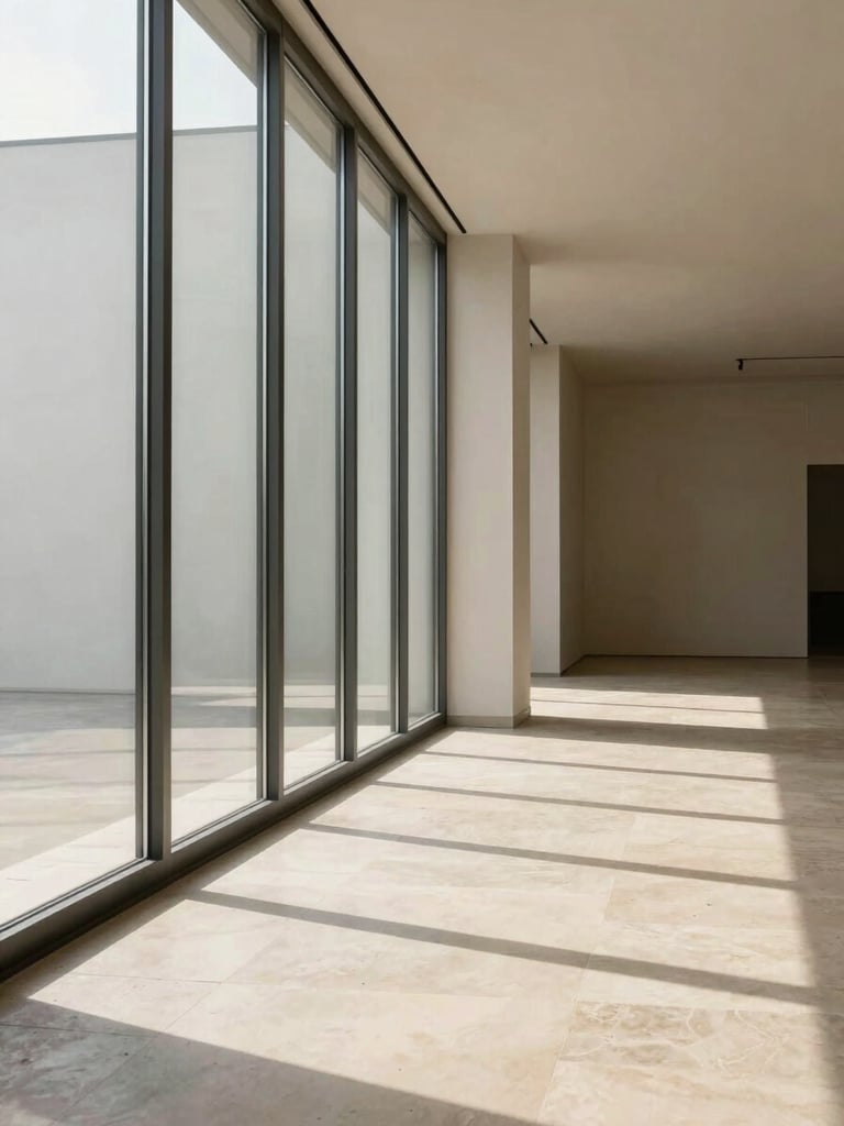 Wide interior architectural detail — a floor-to-ceiling window reveals a clean sight line through an empty corridor, warm diffused north-facing daylight raking across pale stone flooring, the far wall receding into soft shadow, no people, no furnishings, only proportion and light