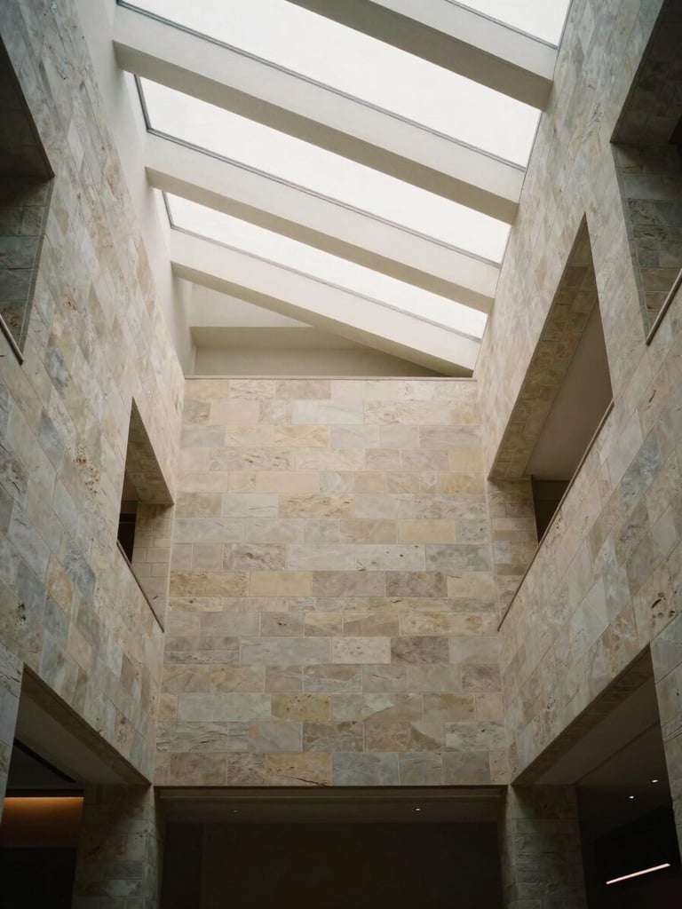 Tall portrait view looking up through a double-height clubhouse atrium, clean geometric ceiling ribs catching soft diffused daylight, stone-clad walls, no people, warm gray and cream tones, architectural calm