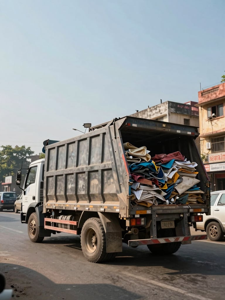 Wide environmental shot, a fully loaded scrap-collection truck parked on a busy Delhi street in natural midday daylight, driver's side door visible, sorted materials stacked in the open bed, residential buildings in the background right third, generous sky above