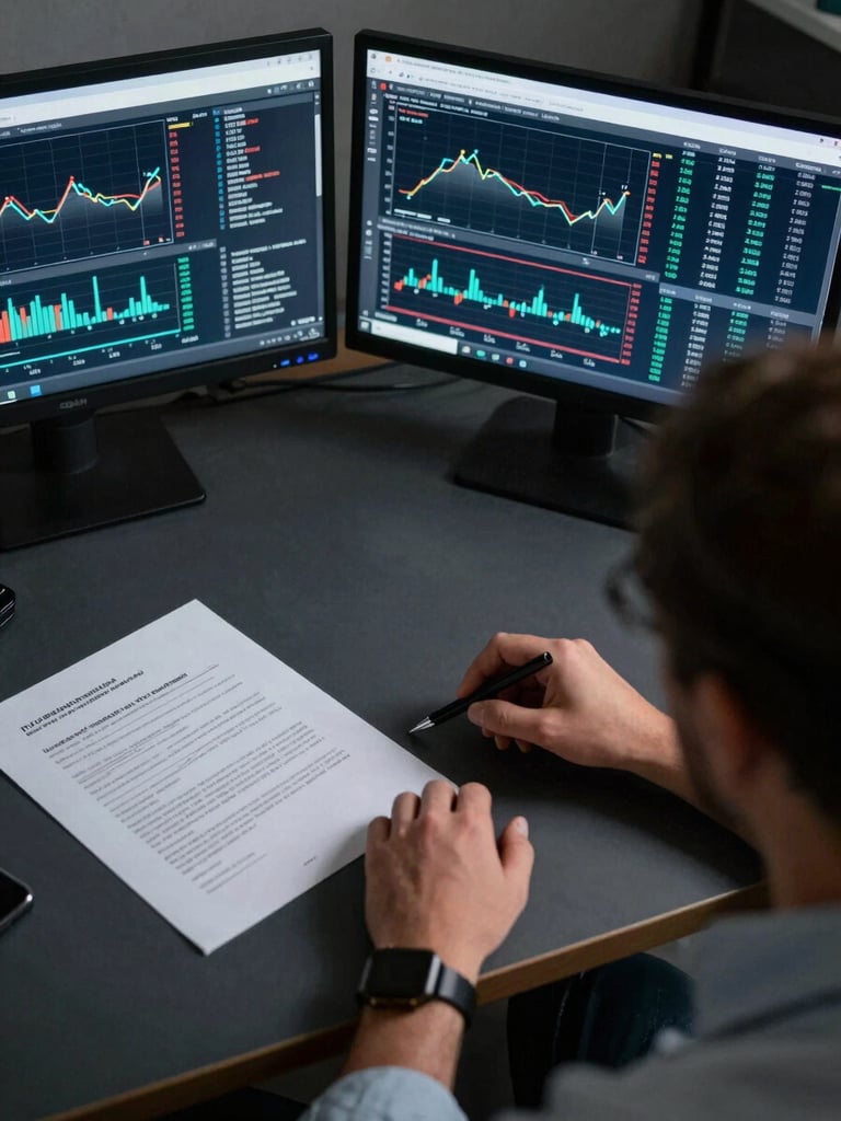 Tight overhead shot of a researcher's desk — multiple screens displaying quantitative portfolio charts, a signed institutional document partially visible, cool directional studio lighting, charcoal surface, no human faces, deep navy and grey tones