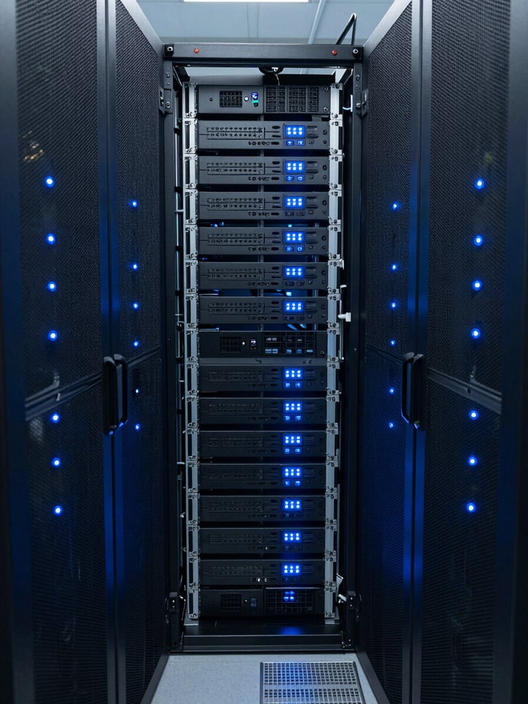 Wide environmental shot of a high-density server rack installation inside a university research facility, cool directional overhead lighting, blue-tinted ambient glow from equipment indicators, tight rows of rack-mounted hardware receding into depth, no people, no signage
