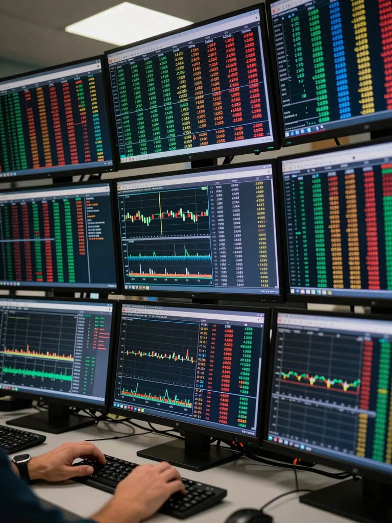 Tight overhead shot of multiple trading monitors displaying dense numerical data and price charts, hands resting at keyboard edge, cool directional studio lighting from above, no smiling faces, no abstract visualizations, institutional research environment
