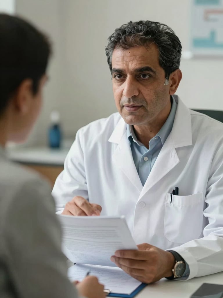 Medium close-up of Dr. Shah in quiet, focused consultation, explaining clinical charts with precision, natural daylight, professional medical setting.