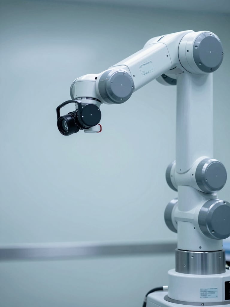 Abstract close-up of a state-of-the-art robotic surgical arm, sterile metallic surfaces, soft blue and white clinical lighting, clean composition with generous negative space on the left.