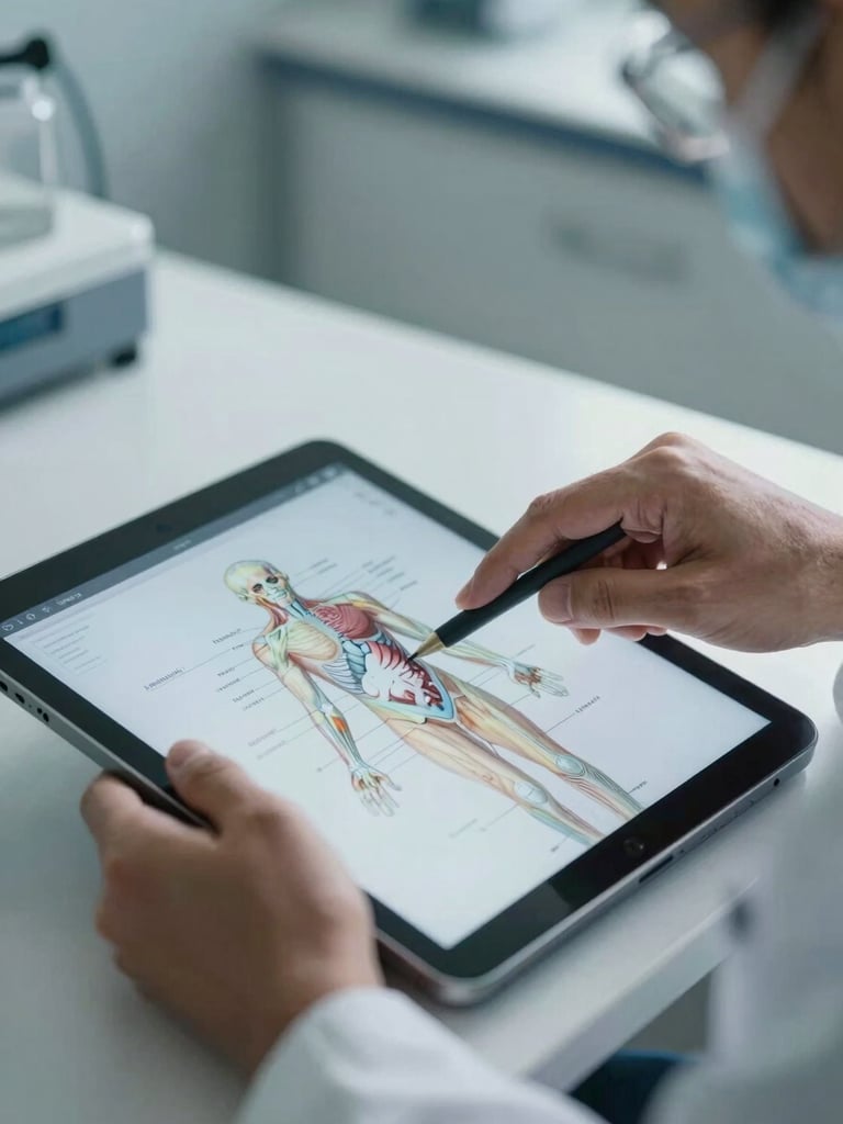 Close-up of Dr. Shah's hands explaining anatomical mapping on a digital tablet, cool natural daylight, sterile clinical setting, high-contrast composition.