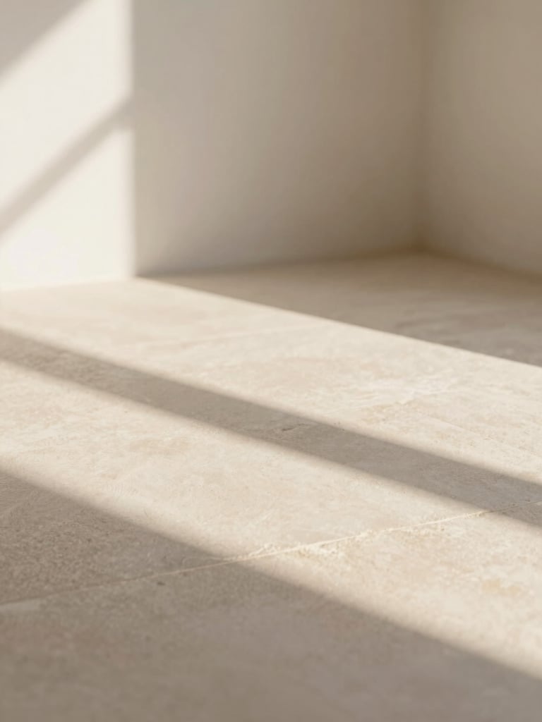 Abstract geometric shadows on a warm sand stone surface, elegant minimalist composition, soft diffused natural light, 35mm