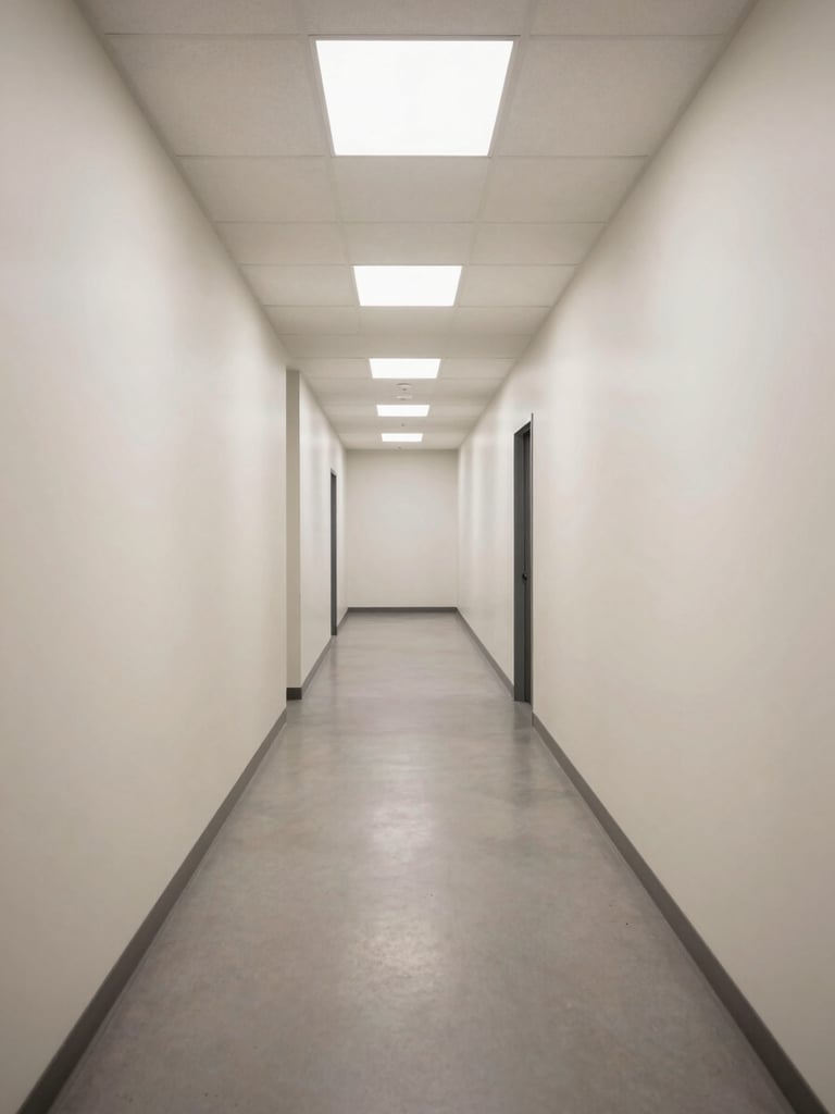 Wide-angle shot of a freshly painted commercial lobby corridor, straight-on framing showing even wall color and crisp baseboard lines, bright overhead fluorescent daylight showing true finish quality, no people present