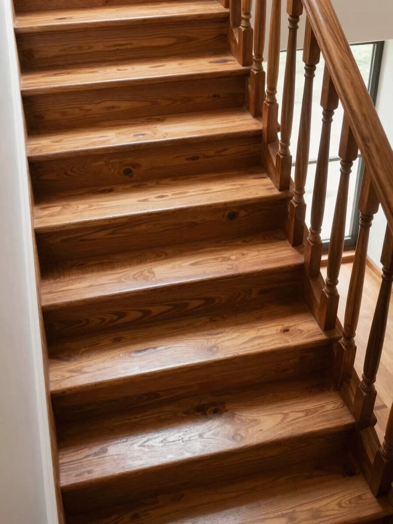 Angled overhead shot of a freshly stained wooden staircase, even warm-toned stain on each tread and riser, sharp spindle lines casting subtle shadows under bright window daylight, no people present