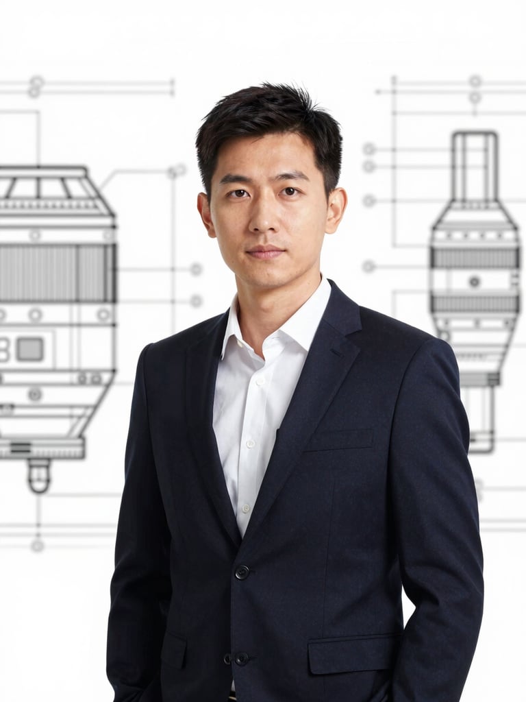 Portrait of a security engineer in a professional setting, looking directly at the camera, wearing a dark suit, with blurred technical blueprints or a schematic background, crisp technical photography, sharp overcast daylight, deep navy and stark white tones, high contrast, architectural lens, no smile