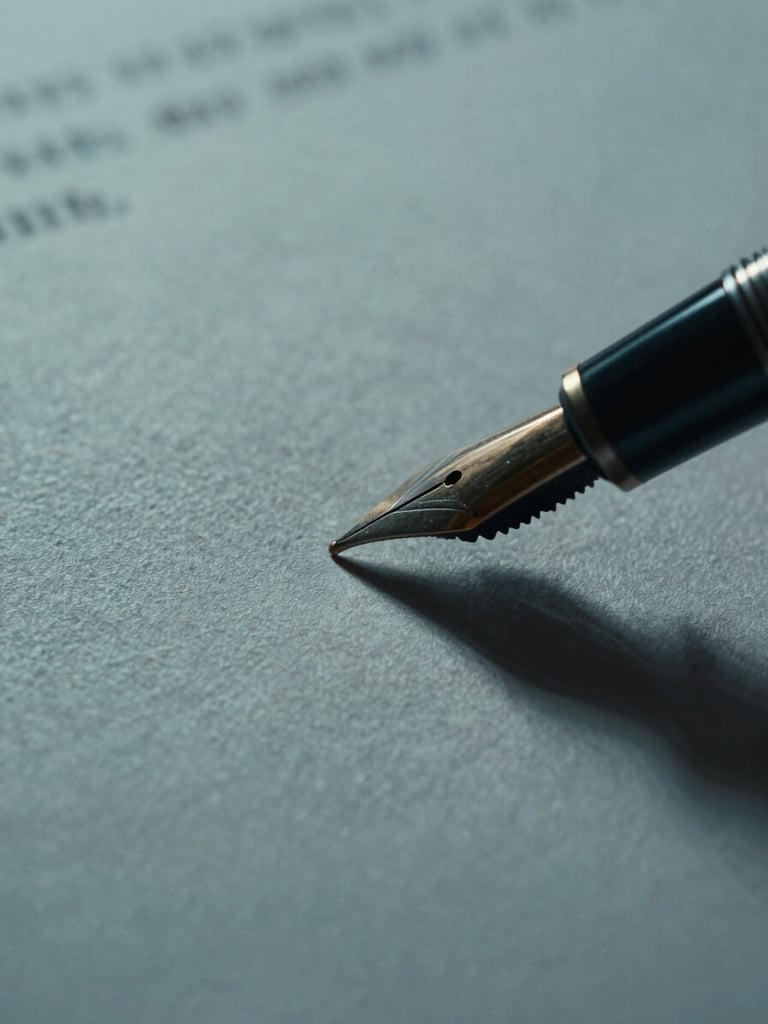Extreme close-up of heavy textured legal paper, fountain pen ink drying on document, dramatic side lighting, deep teal shadows, professional architectural studio macro photography, 35mm