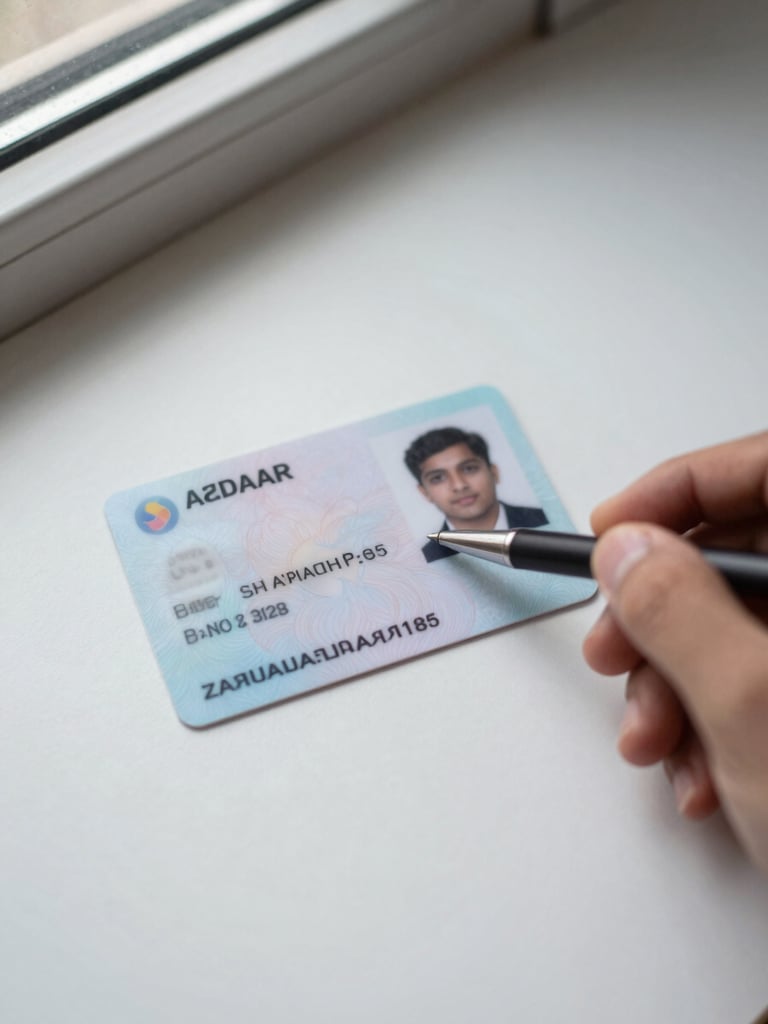 Close-up overhead view of an Aadhaar card and PAN card laid side by side on a plain white surface, a hand holding a pen pointing to the photo ID, natural north-facing window light, sharp document detail visible, no shadows obscuring text areas