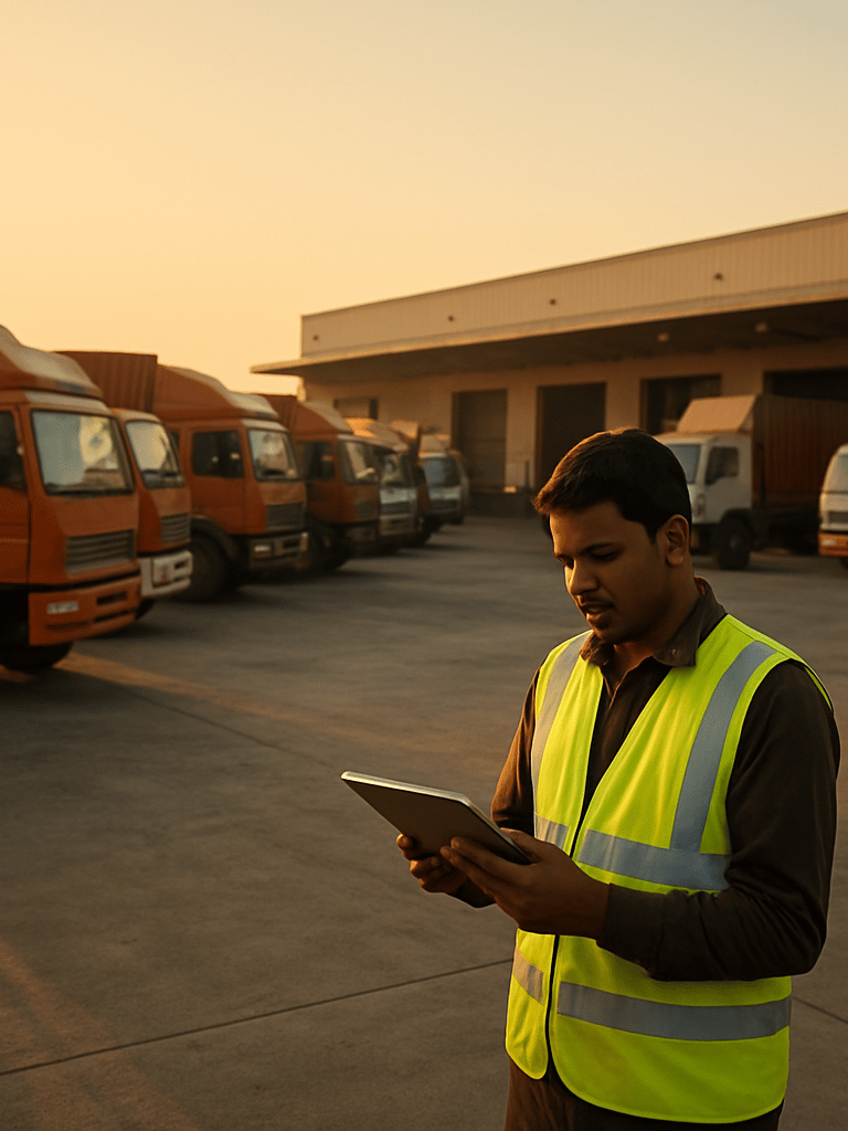 Environmental wide shot inside an Indian logistics depot at golden hour, rows of parked commercial trucks and tempos, a fleet supervisor in a hi-vis vest reviewing a tablet, loading bays visible in the background, warm directional light cutting across the yard
